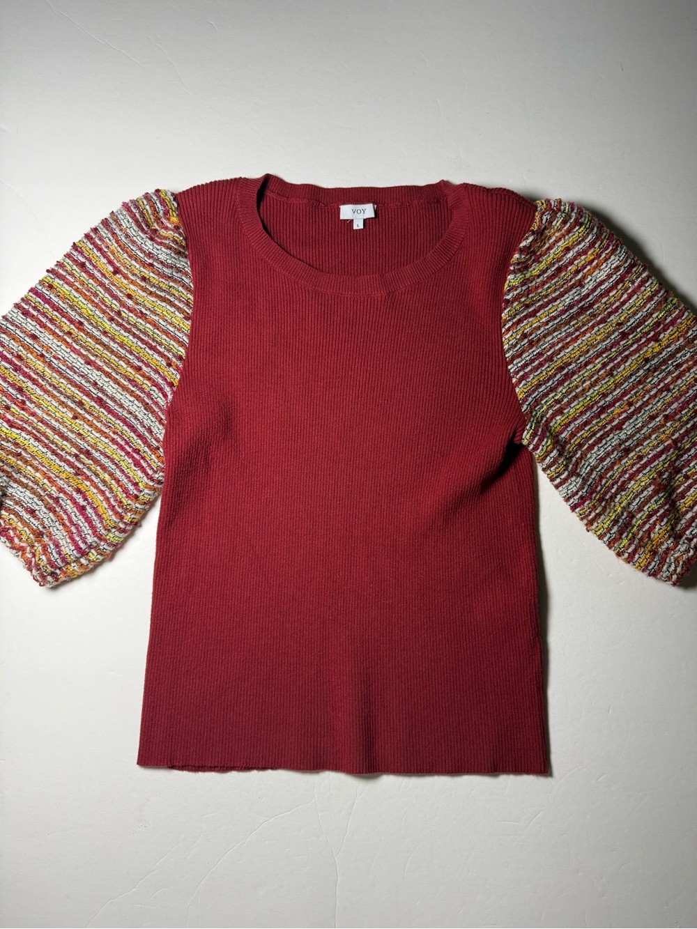 VOY Large Rust Red Ribbed Knit Top Multicolor Boucle Puff Sleeve Sweater